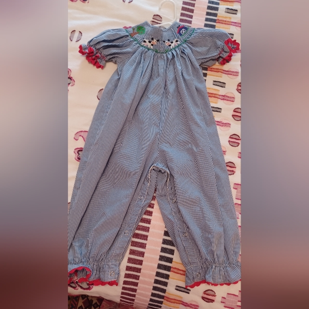 Remember Nguyen smocked Blue Gingham Baby Romper cows farm 18mos